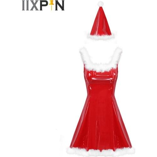 Womens Christmas Santa Cosplay Costume Dress Santa Fancy Dress Square Neck Sleeveless White Feather Trim A-line Dress With Hat
