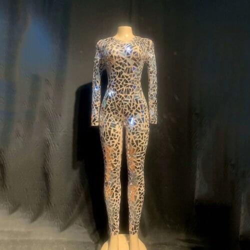 WomenPerformance Net Yarn Bodysuit Mirrors Jumpsuit Mesh Wrap Skinny Celebrate Dance Costume Bar Nightclub stage dance wear