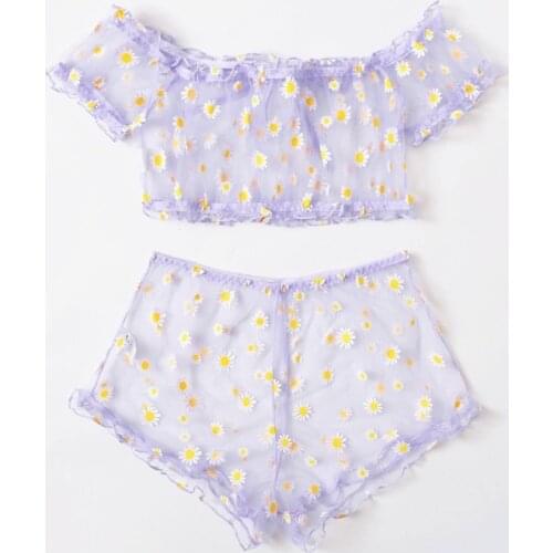 Sexy Floral Off Shoulder 2Pcs Sets See Through Lingerie Women Transparent Tops+Shorts Panties Babydoll Sleepwear