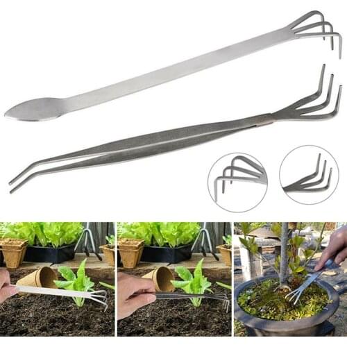 Stainless Steel 2 in 1 Bonsai Change Pot Plant Root Rake Tweezers Gardening Spatula Loosen Soil Multifunctional Garden Tool