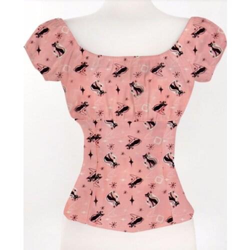 2020 Fashion Slash Neck Cat Animal Printed Retro Vintage Tops Short Sleeve Slim Fit 50s 60s Rockabilly Pin Up Shirts For Party