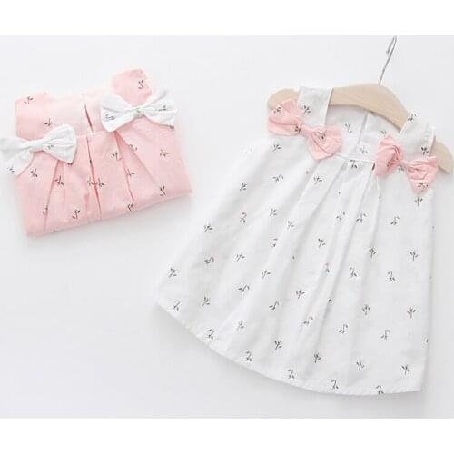 2021 Summer Girls Floral Clothing Childrens Solid Shoulders Bow Wear Infant Girls Vest Dresses Toddler Clothes 1-4T