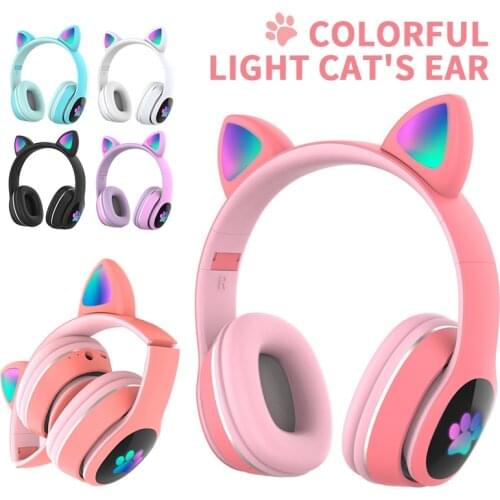 Flash LED Kid Girl Music Wireless Helmet Cute Cat Bluetooth Headphone With Microphone Bracelet Phone Gamer Headset Gift