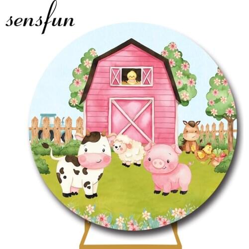 Farm Theme Round Circle Photography Background Fence Pink Animals Girls 1st Birthday Party Backdrop For Photo Studio Customized