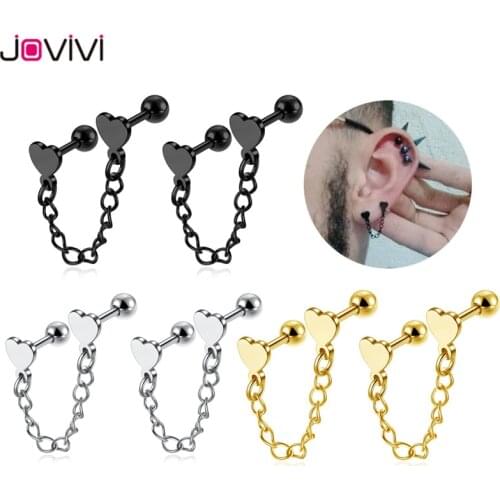 JOVIVI Ear Piercing Jewelry Stainless Steel Double Heart Tassel Chain Barbell Cartilage Helix Stud Earrings Jewelry Unisex
