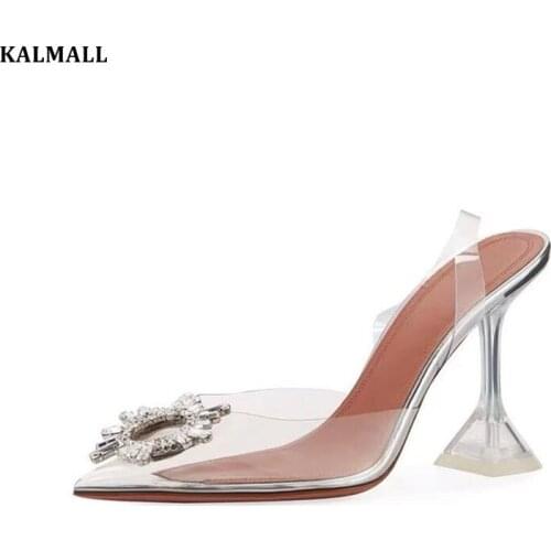 KALMALL Women Clear PVC Sandals Rhinestone Heels Strap Transparent Shoes Crystal Sandles Party Heels