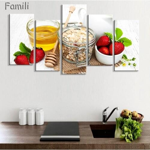 5Pcs Strawberry And Oatmeal And Cup Of Modern Canvas Print Painting Wall Art Picture For Kitchen Room Decoration Artwork Unfram