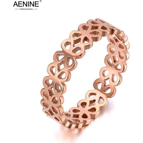 AENINE Trendy Titanium Stainless Steel Hollow Flower Rings For Women Girls Office Rose Gold Elegant Charm Ring Jewelry AR19132