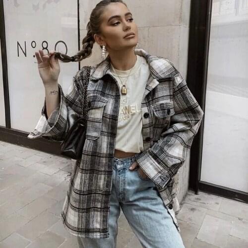 Foridol Plaid Vintage Coat Jackets Autumn Winter Thick Checked Shirt Coat Windbreaker 2021 Buttton Pockets Oversized Coat