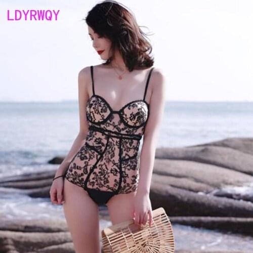 LDYRWQY 2021 new Japanese and Korean lace stitching fashion sling sexy small breasts gathered to cover belly bikini swimsuit