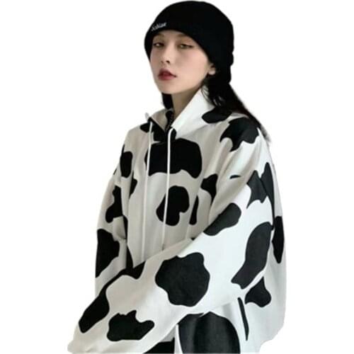 Cute Harajuku New Sweatshirt Loose Hoodies Womens Hoody Milk Cow Hooded Velvet Top Fashion Pullover Long Sleeve Clothes