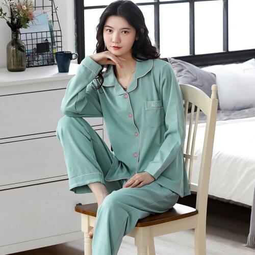 Fashionable Pajamas Womens Cotton Long-Sleeved Lapel Cardigan Spring And Autumn V-Neck Loose Students Can Wear Home Clothes