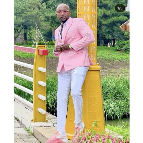 Pink Double Breasted Jacket White Pant Costume Homme Men Suits Wedding Prom Terno Masculino Slim Groom Tuxedos Blazer 2 Pcs