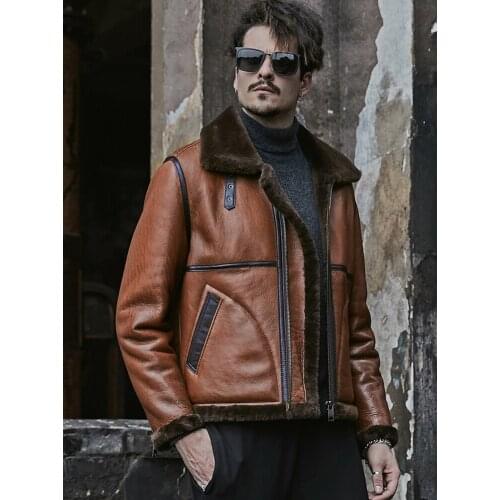 2019 New Mens Brown B3 Sheepskin Shearling Jacket Short Leather Jacket Mens Fur Coat Bomber Jacket Short Winter Coats