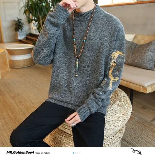 New Autumn Warm Men Sweaters 2020 Chinese Dragon Printed Knitted Pullovers Plus Size Man Loose Sweater Tops