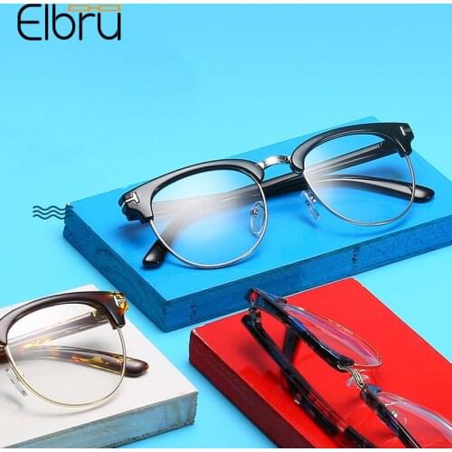 Elbru Classic Retro Women Glasses Frame Men Half Metal Colorful Eyewear Square Clear Lens Optical Eyeglasses Plain Spectacles
