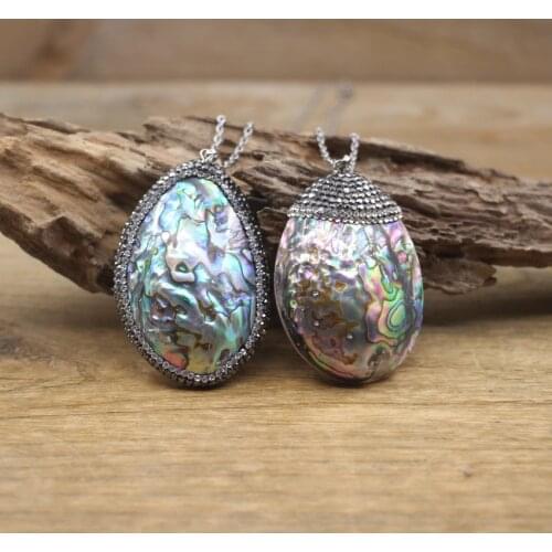 Natural Abalone Shell Pave Rhinestone Pendants Necklaces,Rainbow Shell Charms Chains For Women Jewelry Dropshipping,QC3090
