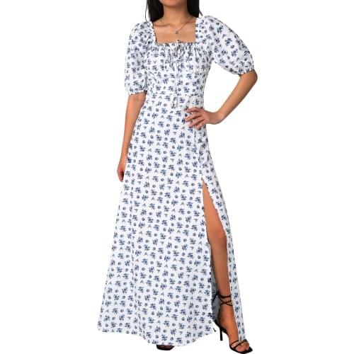 Women Fashion Casual Puff Sleeve Sundress Summer Stylish Sexy Floral Printed Lace-Up Square Collar Split Boho Elegant Long Dress