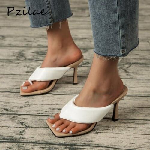 Pzilae New Casual Women Slippers Summer Outdoor Sandals Square Toe Flip Flop Ladies Thin High Heels Slides Elegant Women Shoes