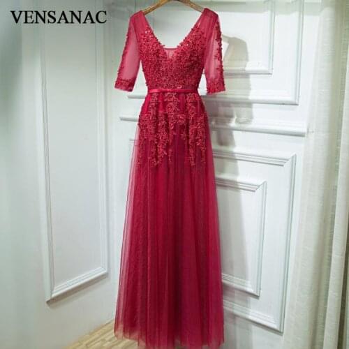 VENSANAC Pearls V Neck 2018 Beading Appliques Backless A Line Long Evening Dresses Party Lace Half Sleeve Sash Prom Gowns