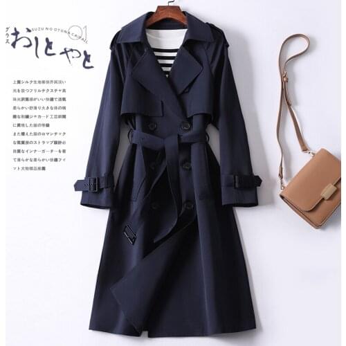 Windbreaker Womens Middle Long Navy 2021 Early Spring New Korean Loose British Style Coat Spring and Autumn Coat