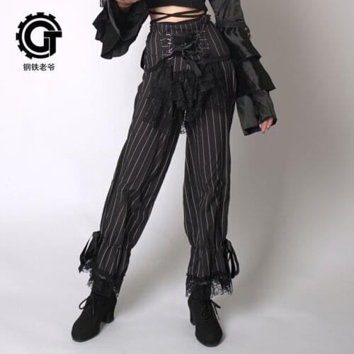 Vintage Gothic Womens Pants Lace Patchwork Straps Strips Casual Trousers Party Dress