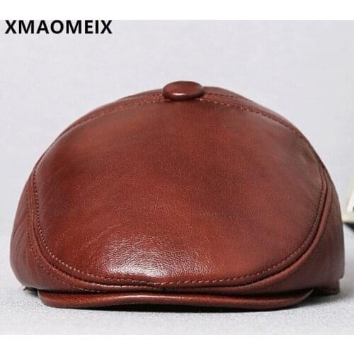 XMAOMEIX New Autumn Winter Mens Hat Natural Genuine Leather Cap Plus Velvet Warm Berets Cowhide Leather Thermal Earmuffs Caps