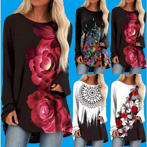 2021 New Autumn Fashion Round Neck Long Sleeve Flower Rose Print T-Shirts Casual Loose Long Cotton Shirt Women Tops Tees Clothes