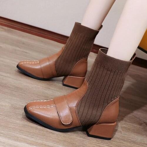 2021 Women Ankle Boots Square Toe Mid Heels Ladies Leisure Socks Boot Female Sewing Shoes Woman Comfort Footwear Plus Size