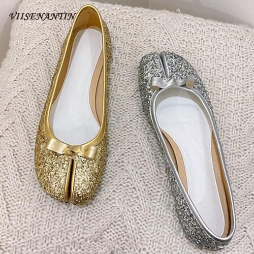 New Gold Silver Sequined Split-toe Flat Shallow Bow Trotter Shoes Women Bling Ballet Flats Round Toe Spring Zapatos De Mujer