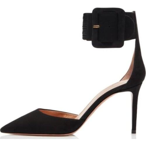 Dipsloot Red Nude Black Suede Big Buckle Pointed Toe Pumps Woman Shallow Hollow Out Stiletto Heels Dress Party Shoes Big Size 45