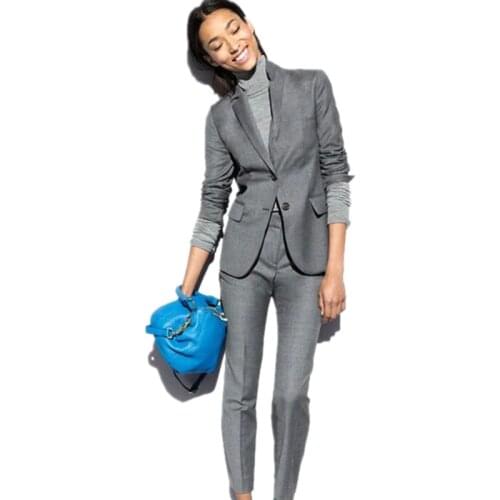 Light Gray Women Business Suits Formal Office Long Sleeve Ladies Trouser Suit Casual Female Slim OL 2 Pieces Sets Blazers Custom