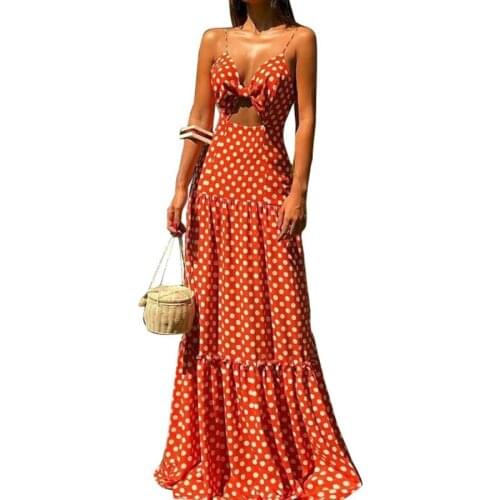 Elegant Deep V Women Hollow Out Sexy Dresses Sleeveless Slim Waist A-line Dot Print Dresses Casual Female Long Vestidos New