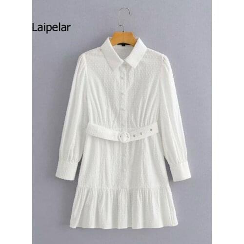 Womens Fashion White Shirt Dress Solid Long Sleeve Button Belt Ruffles Mini Dresses Office Lady