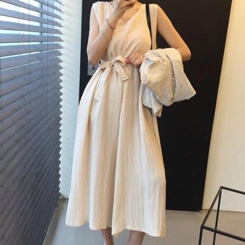 Chic Summer Dress Women Rompers Solid Bandage Loose Lace V-Neck Sleeveless Dress for Women Casual Simple Dresses Vestido 14228