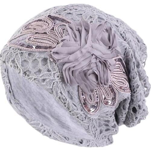 Winter Hat Women Lace Floral Decor Muslim Ladies Headscarf Double Layer Snap Slouch Cap Arab Head Wrap Hijab Hair Cover Turban