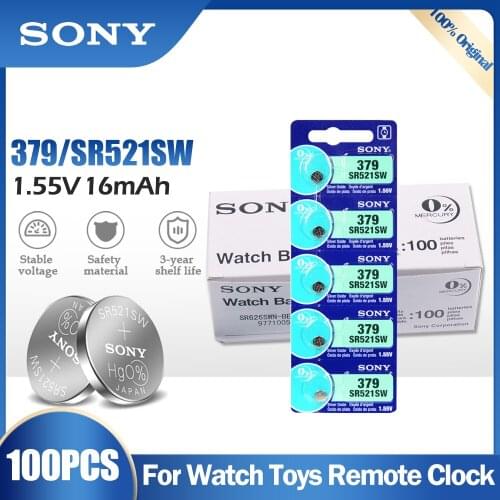 100PCS Sony 379 SR521SW 1.55V Silver Oxide Battery AG0 LR69 D379 SR63 V379 For Watch Toys Remote Button Cell Coin MADE IN JAPAN