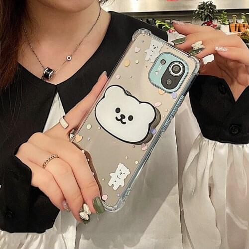 White Bear Phone Holder Case for Xiaomi Mi 11 Ultra Cover Cute Makeup Mirror Protective Shell for Xiaomi 11 Pro Mi11 Funda Para