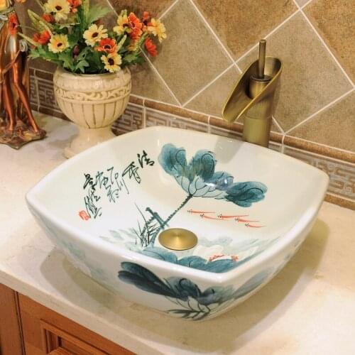 Art basin round painted ceramic sinks bathroom ceramic counter top sink wash basin bathroom sinks square