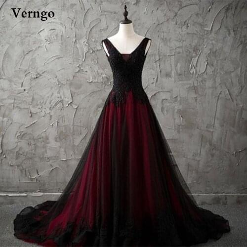 Verngo Gothic Wine Red&&Black A Line Wedding Dresses Lace Applique Tulle V Neck Corset Bridal Gowns Modest Prom Evening Dresses
