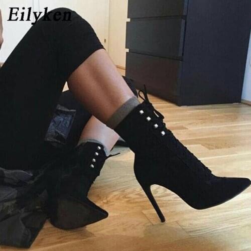 Eilyken 2021 New Flock Ankle Boots Women For Autumn Winter Fashion Pointed Toe Thin Heels Zipper Rivet Woman Chelsea Boots