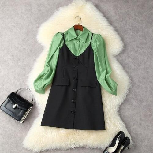 Clothing Set Woman 2021 Early Autumn Womens Puff Sleeve Short Shirt + Bow A-Line Single-Breasted Suspender Skirt Two-Piece Suit
