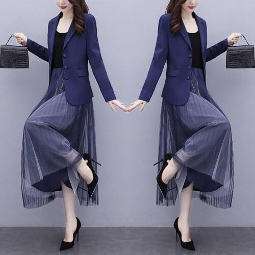 2021 Spring And Autumn New Temperament Blazer Jackets And Long Sling Mesh Dress With Big Swing Ladies Fashion Two Piece Set e033