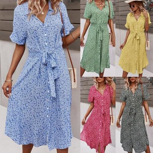 Beach Boho Summer Dress Shirt 2021 Floral Vintage High Waist Dresses Women Casual Loose Single-Breasted Midi Slim Elegant Robe