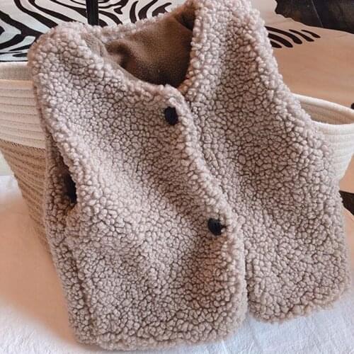 Winter Korean Girl Lamb Wool Thickened Warm Vest Dark Coffee Color Outerwear Coats