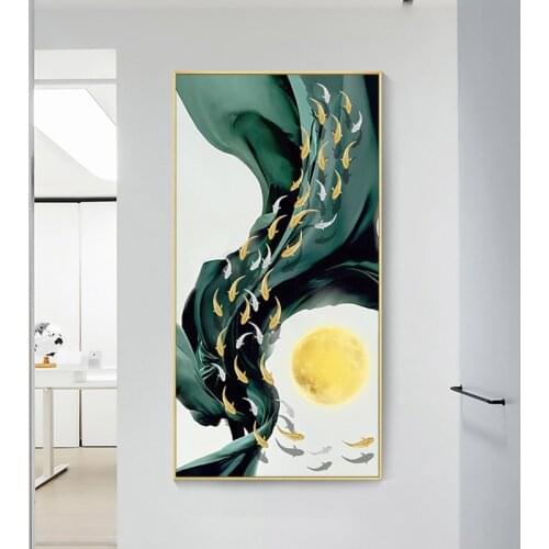 Abstract Golden sun Blackish green silk banner landscape Modern Wall Art Decorative Picture Canvas for porch Living room decor