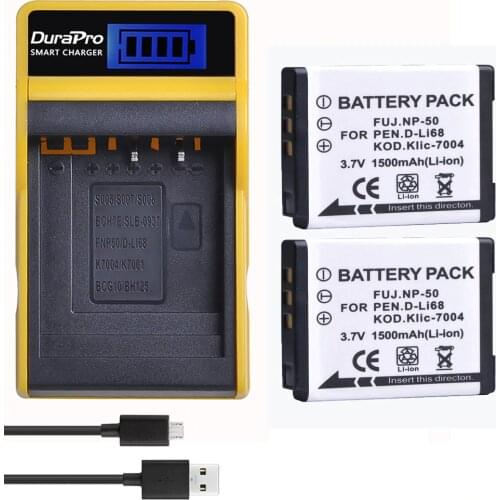 2pc 1500mAh NP-50 KLIC-7004 D-Li68 Camera Battery + LCD USB Charger for Fujifilm FinePix F50FD F60FD F70EXR F75EXR F80EXR F85EXR