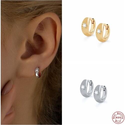 BOAKO 925 Sterling Silver CZ Crystal Mosaic Setting Huggie Earrings For Women Chunky Circle Cartilage Hoop Second Hole Jewelry