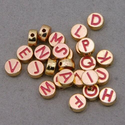 10/26PCS Flat Round 4X8MM Letter Beads Metal Alloy Rose Red Enamel Alphabet Spacer Beads For Necklace Bracelet DIY Jewelry Makin