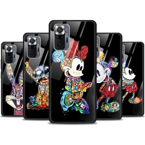 Mickey Tattoo Cartoon for Xiaomi Redmi Note 10 Pro Max 10S 9T 9S 9 8T 8 7 Pro 5G Luxury Tempered Glass Phone Case Cover